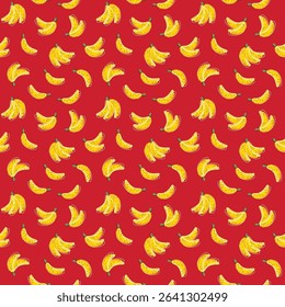 Cute Banana Fruit Seamless Pattern on Red Background, Vector Illustration for Tropical Summer Food and Textile Design