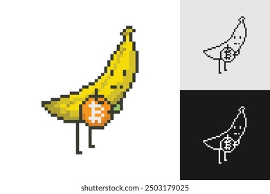 Cute banana holding cryptocurrency coin  8-bit pixel art vector illustration.