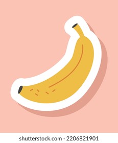 Cute banana icon. Natural and organic product. Fresh fruit, healthy food and vegetarian diet. Summer season symbol. Sticker for social media, poster or banner. Cartoon flat vector illustration