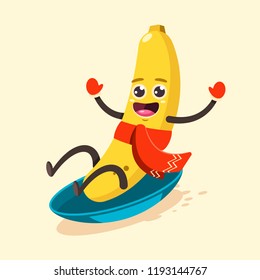 Cute Banana kid in scarf cartoon character sledding on snow. Winter sports and activities. Vector flat funny fruit illustration isolated on background.