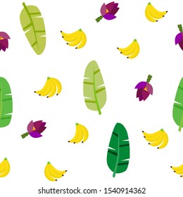 Cute banana with banana leaf  seamless pattern on white background.