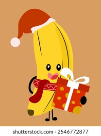 Cute banana mascot holding gift celebrates Christmas day , Cute banana mascot wishes you a merry Christmas, 