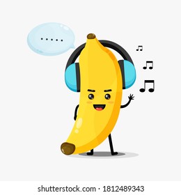 Cute banana mascot listening to music