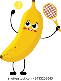 Cute banana mascot playing tennis