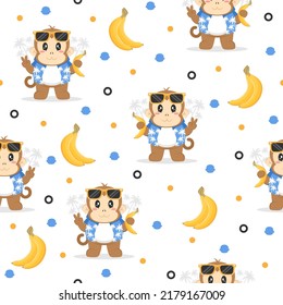 Cute banana monkey cartoon trendy pattern background concepts.