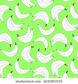 Cute banana outlines in vector seamless pattern on a green background. Clean banana background with fun tropical vibe.