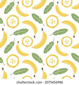 Cute banana and palm leaves seamless pattern. Bright fruity background. Vector flat hand drawn illustration in cartoon style