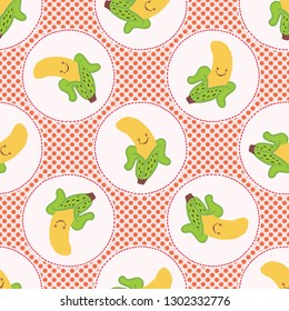 Cute banana polka dot vector illustration. Seamless repeating pattern. Hand drawn kawaii dotty yellow peeled skin background. 1950's style retro kitchen decor, kid textile, 5aday fruit all over print.