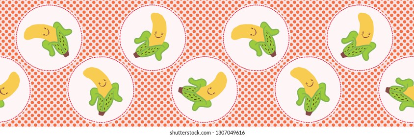 Cute banana polka dot vector illustration. Seamless repeating border pattern. Hand drawn kawaii dotty yellow peeled skin banner background. 1950's style retro kitchen decor, kid textile, 5aday fruit.