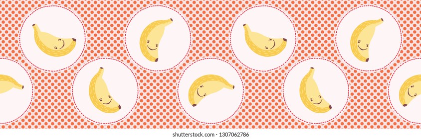 Cute banana polka dot vector illustration. Seamless repeating border pattern. Hand drawn kawaii dotty yellow peeled skin banner background. 1950's style retro kitchen decor, kid textile, 5aday fruit.