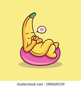 Cute Banana Relax on Pillow Cartoon. Fruit Vector Icon Illustration, Isolated on Premium Vector