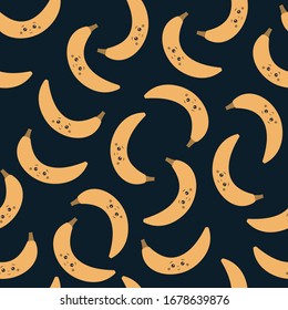 Banana suave, patrón. Graciosa fruta tropical de dibujos animados con cara sonriente sobre fondo azul oscuro. Diseño para textil, papel pintado, tela, envoltura, chatarra, papel regalo. Ilustración del vector 