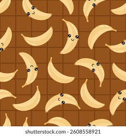 Cute banana seamless pattern. Groovy tropical fruit character, hand drawn vector background