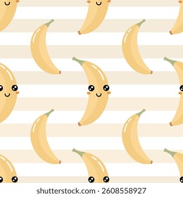Cute banana seamless pattern. Groovy tropical fruit character, hand drawn vector background