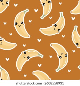 Cute banana seamless pattern. Groovy tropical fruit character, hand drawn vector background