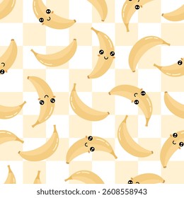 Cute banana seamless pattern. Groovy tropical fruit, checkered vector background