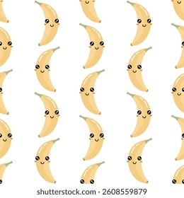 Cute banana seamless pattern. Groovy tropical fruit character, hand drawn vector background
