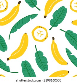 Cute banana seamless pattern. Whole fruits, slices and leaves. Flat vector hand drawn illustration in cartoon style