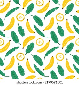 Cute banana seamless pattern. Whole fruits, slices and leaves. Flat vector hand drawn illustration in cartoon style