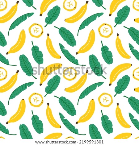 Cute banana seamless pattern. Whole fruits, slices and leaves. Flat vector hand drawn illustration in cartoon style