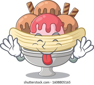 Cute Banana Split Cartoon Mascot Style With Tongue Out