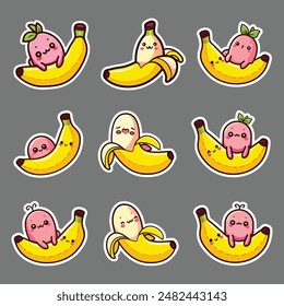 Cute Banana Stickers. Cute banana kawaii stickers. fruit cartoon vector illustration. Cute banana kawaii cartoon. cute Kawaii cartoon of banana character. Funny kawaii sticker.