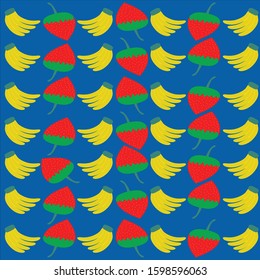 cute banana and strawberry pattern in blue background
