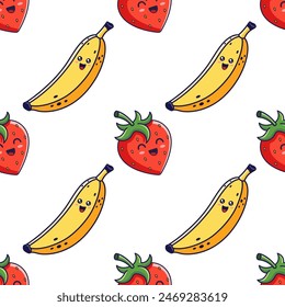 Cute Banana and strawberry seamless pattern in manga cartoon style. Vector cartoon Banana illustration.