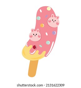 Cute banana strawberry with tiny rabbit head candy.Japnaese food cartoon.Dessert.Sweet.Kawaii.Pastel.Vector.Illustration.