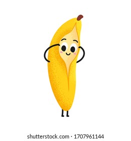 Cute banana vector illustration. Funny hide and seek banana. Open yellow banana peel. Cartoon smiley face for kids. Healthy and happy fruit character. Minimal flat designed fruit.