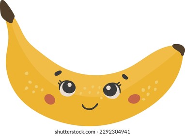 Cute bananafruit vector, Fruit with face, Happy banana vector, Summer fruit with eyes, Kids funny illustration