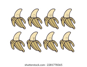 Cute bananas with different emotions. Funny fruits. Stickers set. Bright decorative set of design elements. All objects are separated. Drawn by hand. Vector illustration.