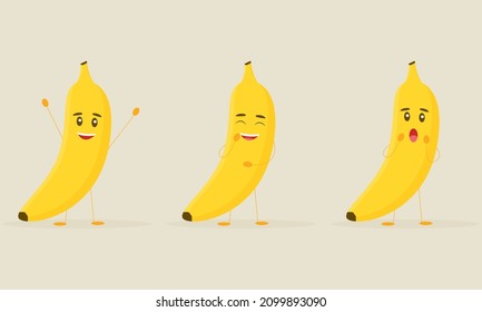 Plátanos cortos con diferentes emociones aislados de fondo blanco