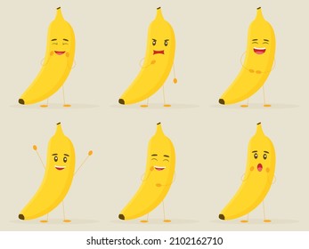 Plátanos cortos con diferentes emociones aislados de fondo blanco
