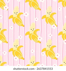 Cute bananas with faces and floral accents vector seamless pattern. Perfect for wrapping paper, textiles, or fruity childrens decor