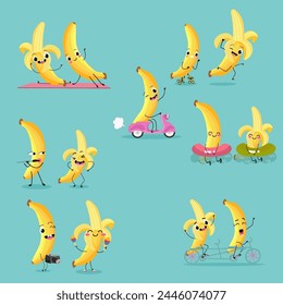 Cute bananas fruit characters set, collection. Flat vector illustration. Activities, playing musical instruments, sports, funny fruits.