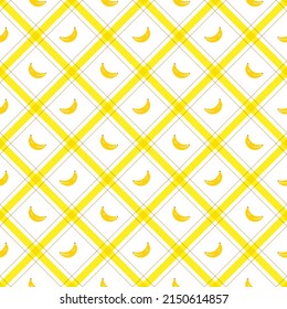 Cute Bananas Fruit Element Yellow Brown Diagonal Stripe Striped Line Tilt Checkered Plaid Tartan Buffalo Scott Gingham Pattern Flat Cartoon Vector Seamless Pattern Print Background Food