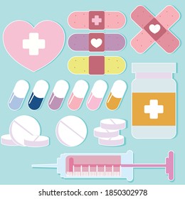 CUTE Bandaids , colorful pills and PINK Syringe vector illustration