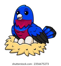 Cute banded cotinga bird cartoon with eggs in the nest