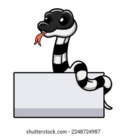 Cute banded krait snake cartoon with blank sign