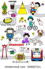 Cute Bangkok Thailand Guide Map illustration set