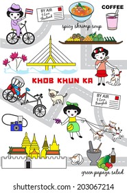 Cute Bangkok Thailand Guide Map illustration set