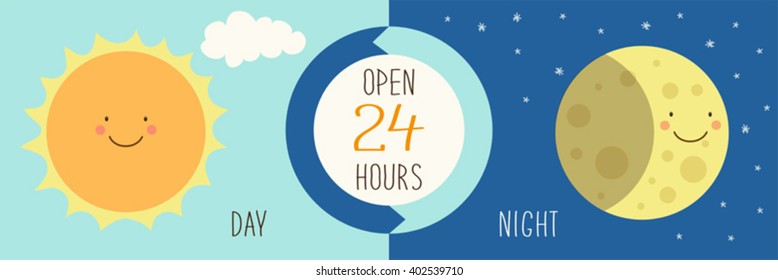 Cute Banner For 24/7 Shop With Hand Drawn Smiling Cartoon Characters Of Sun And Moon