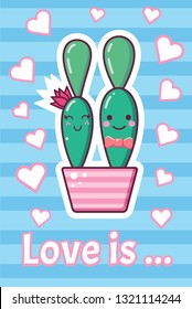 Cute banner background, flyer, placard, sticker with cute cactus and inscription i love you. Vector template card for congratulation, invitation greeting card. post card. flyer. print, banner, sticker