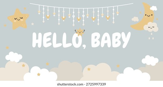 Un lindo Anuncio felicitar a alguien por el nacimiento de su bebé. Un Anuncio Horizontal con nubes, estrellas y la luna. Vacaciones infantiles 