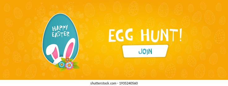 Cute banner for Easter egg hunt with bunny ears and colored egg. Happy easter banner template