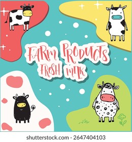 cute banner for farm products fair, FRESH MILK, doodle nice cows, flat design, vector illustration with lettering