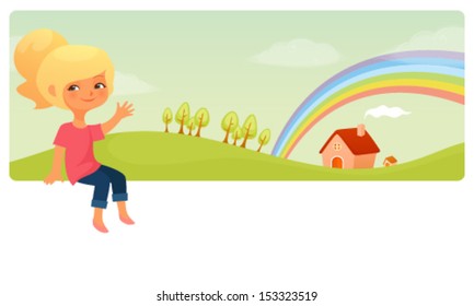 cute banner with green landscape and small blonde girl, waving hand