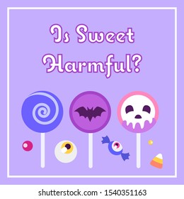 Cute banner with Halloween lollipops in the shape of curl, skull and bat and other spooky candy in pastel palette