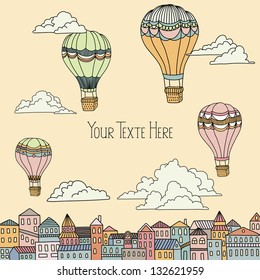 Cute banner with hot air balloons, houses and clouds